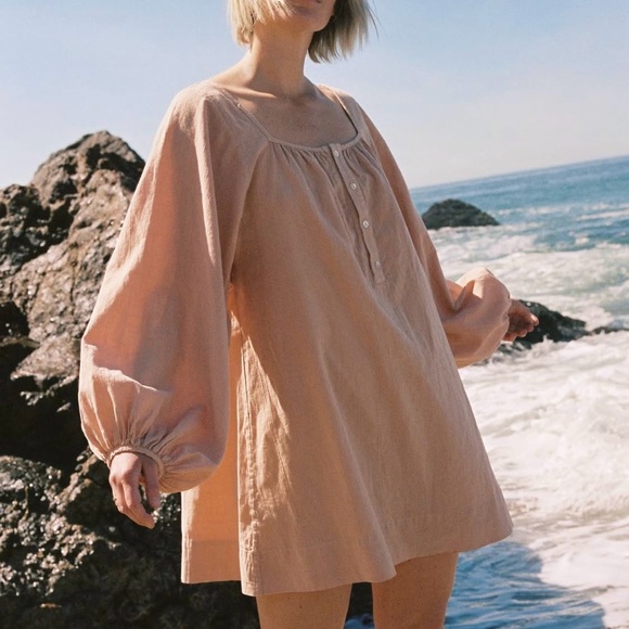 RUDY JUDE Debbie Dress Gold Organic Cotton Balloon Sleeve Relaxed Mini Dress XXL - Picture 1 of 16